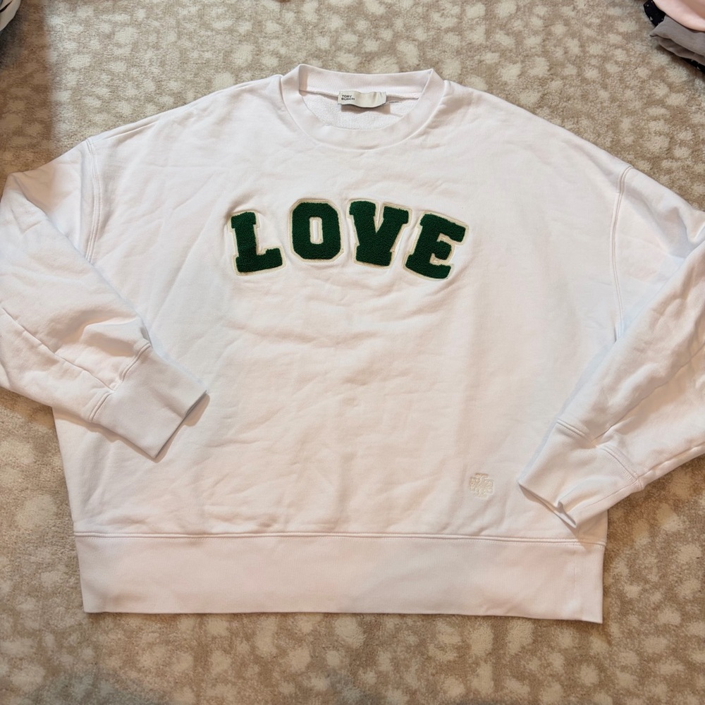 Tory Burch White Sweatshirt with Green 'LOVE' Appliqué